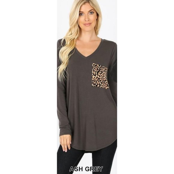 Pink Peplum Boutique Tops - Long Sleeve V-Neck Leopard Pocket Tops Ash Grey.